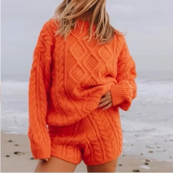 Daily Drills Oversized Cable Knit Sweater Pullover in Orange Tangerine Mandarin - Picture 2 of 6